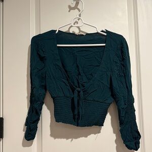 La Hearts Green Ruched Tie Front Long Sleeve Crop Blouse
